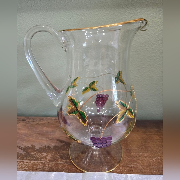 Romanian Stained Glass Pitcher with Grape and Leaf Design With 22k Gold Trim - Picture 4 of 6